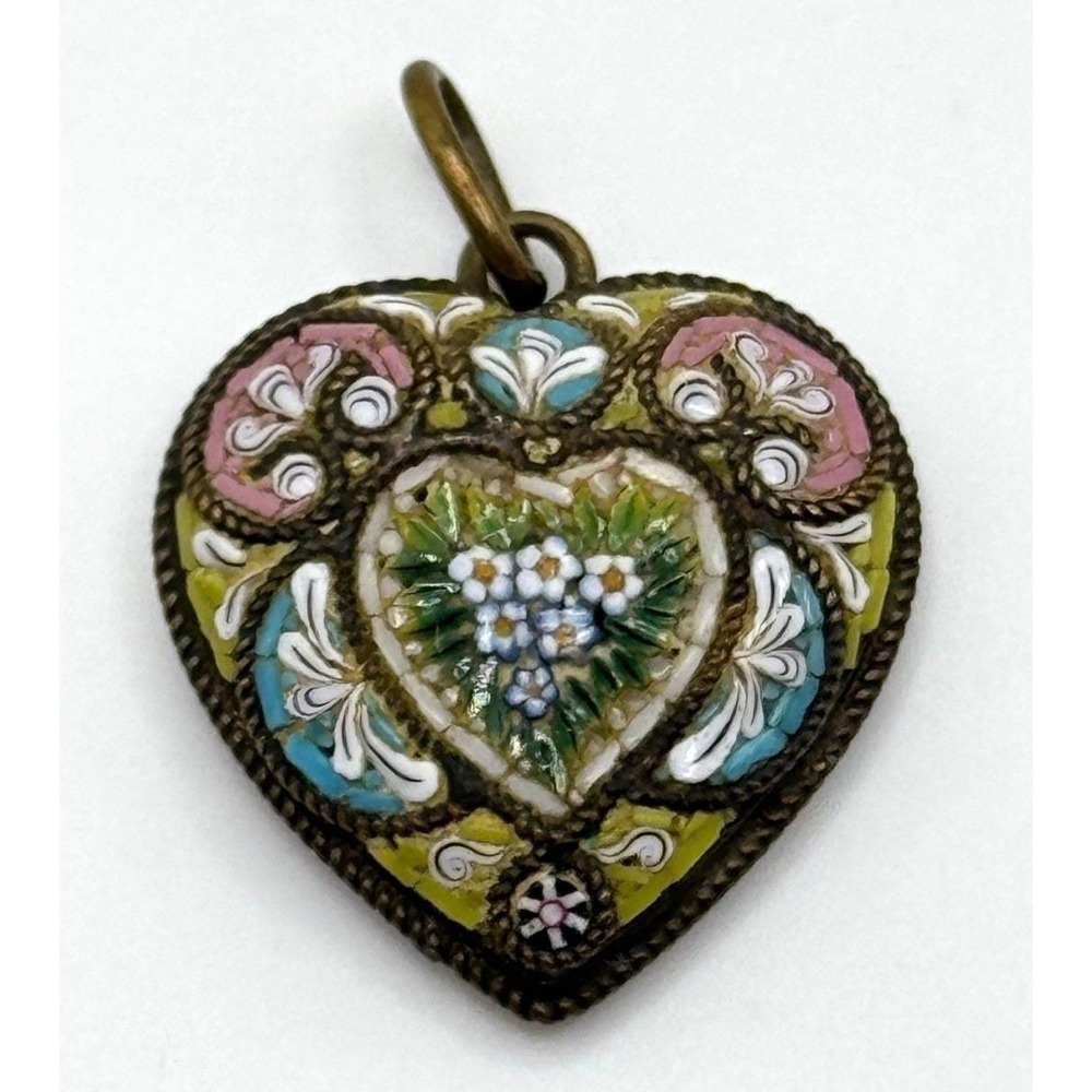 Antique Italy Micro Mosaic Flower Heart FAP Fabbrica Angelo Pessar Pendant